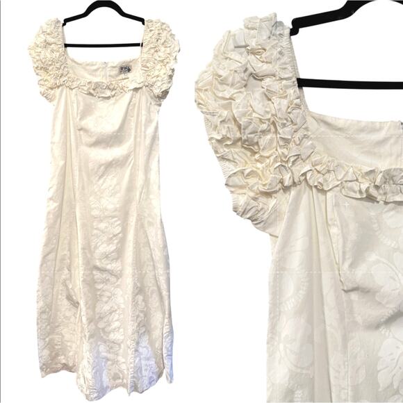 Vintage 80s Hawaiian XL Off the Shoulder Maxi Dress Floral Wedding Ivory White - Picture 2 of 9